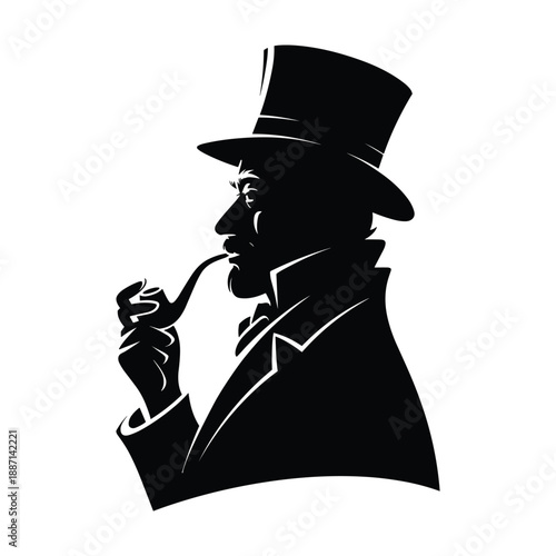 Silhouette of man in top hat smoking pipe
