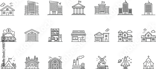 Building icons, architecture symbols, residential house, apartment, office tower, courthouse, library, shop, factory, barn, windmill, rocket, church, tent, cabin, lodge, government building