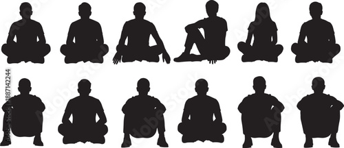 Silhouettes of eleven seated human figures in cross-legged poses, ideal for meditation visuals, posture analysis, and vector-based wellness or group design projects.
