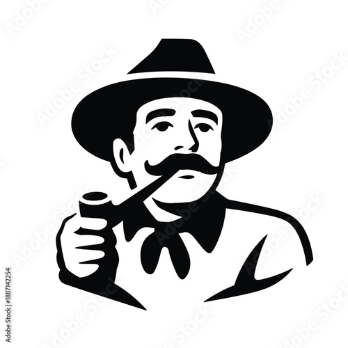 Vintage man with mustache and hat smoking pipe
