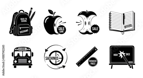Black and white collection of icons representing back-to-school season and educational savings promotions.