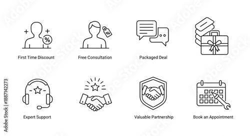 Set of line icons illustrating business service offerings and customer benefits effectively.