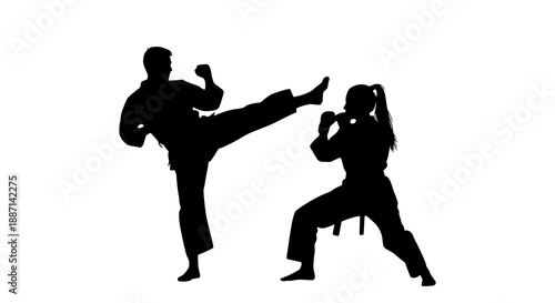 Wallpaper Mural Black silhouettes of karate fighters in sparring stance with dynamic high kick, design for martial arts schools, tournament promotion and sports motivation posters. JPEG version. Torontodigital.ca