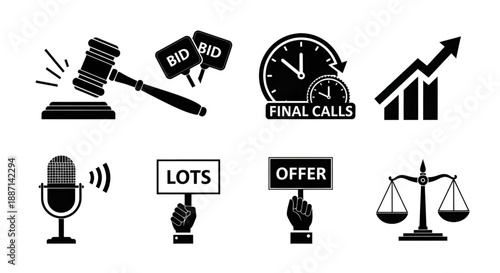 Visual collection of black icons representing the dynamic world of auctions and bidding.