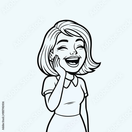 Woman with short hair laughing and covering her face with hand