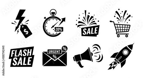Powerful collection of black icons conveying urgency, excitement, and explosive flash sale marketing.