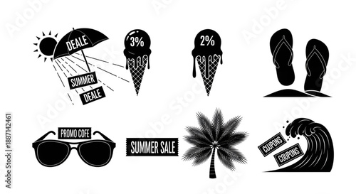 Collection of black and white vector icons representing summer sales and vacation deals.