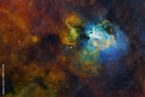 The Omega Nebula (M17, NGC 6618, Swan Nebula) large hydrogen, sulfur and oxygen gas and dust cloud in the constellation of Sagittarius. Amateur image, total exposure SHO time: 13h, HST palette image.