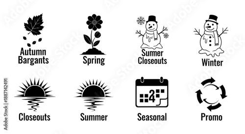 Comprehensive set of black and white icons representing various seasonal sales and promotions.