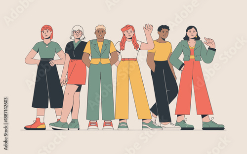 A diverse group of young professionals confidently posing showcasing modern casual office attire and stylish accessories