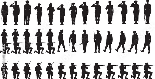 Silhouettes of soldiers in various military poses and actions, ideal for defense visuals, tactical design, and vector-based combat illustration projects.