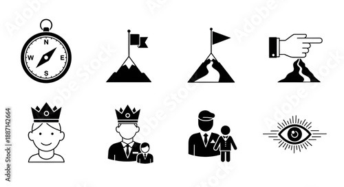 Symbolic collection of black and white vector icons representing leadership, vision, and goals.