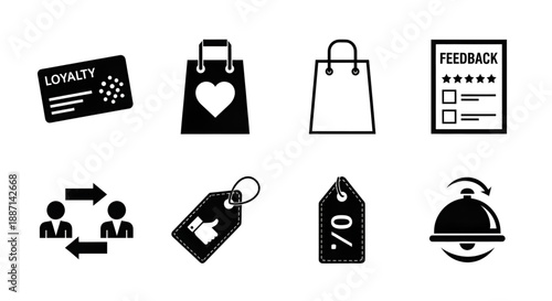 Comprehensive set of black and white icons representing shopping, customer loyalty, and service.
