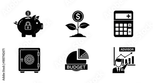 Concise collection of black and white vector icons illustrating financial concepts and planning.