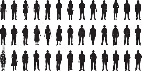   
Silhouettes of thirty-five diverse human figures in standing poses with varied outfits and gestures for posture, fashion, demographic, and character design reference