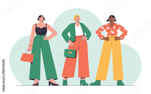 Stylized illustration featuring three fashionable women with varying outfits and poses presented in a modern aesthetic
