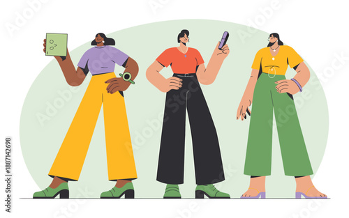 Three stylish women standing together showcasing diverse fashion choices and modern relaxed aesthetics high quality