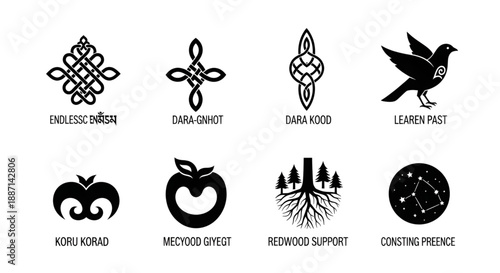 Intricate black symbols representing various cultural, natural, and abstract concepts with depth.