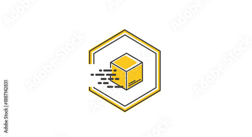 Delivery Icon Depicting Package Transportation or Shipping with Speed Lines and Hexagon Frame