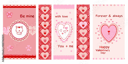 Four valentine s day themed bookmarks with hearts and cute illustrations