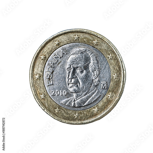 Obverse (heads) of €1 coin features the Bust of King Juan Carlos I facing left, twelve stars, the country name in spanish 