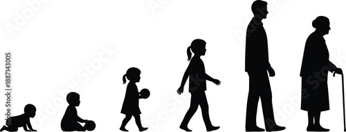 Set of human aging silhouettes showing life stages from crawling baby to walking adult and elderly woman with cane isolated on white background vector