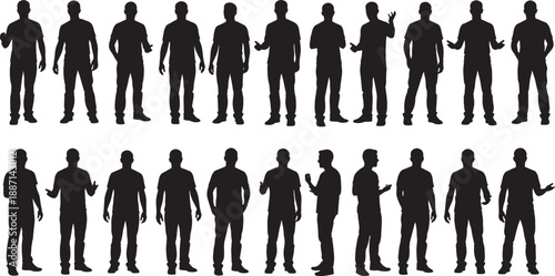 Silhouettes of twenty standing male figures in varied expressive poses and gestures for posture, gesture, character design, animation, and body language reference