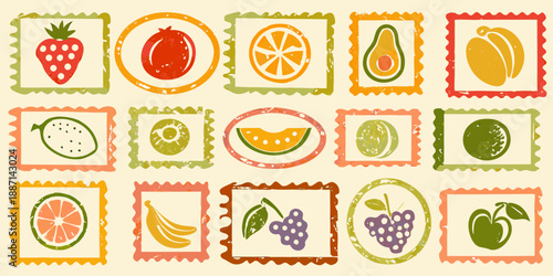 Colorful fruit stamps arranged in a grid pattern with various shapes