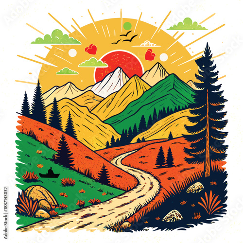 Vibrant Mountain Landscape with Winding Path and Sunrise