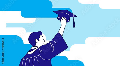 Graduate in cap and gown holding mortarboard against blue sky.