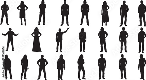 Silhouettes of twenty-one human figures in expressive standing poses with varied gestures and outfits for fashion, posture, gesture, and character design reference