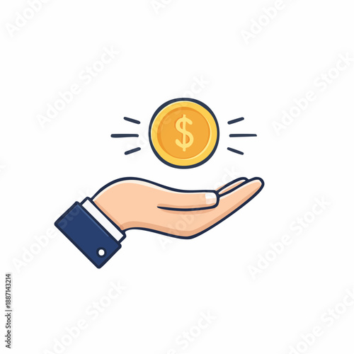 Hand holding a golden coin with currency symbol, representing financial success, investment, and wealth creation in an abstract graphic style