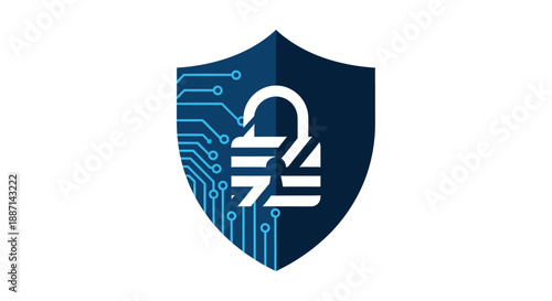 Digital Security Emblem: Shield with Circuitry and Open Lock Representing Protection And Safety