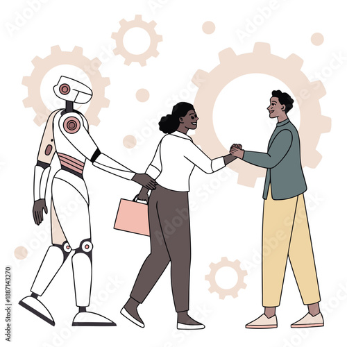 Human and robot shaking hands partnership and artificial intelligence collaboration vector illustration