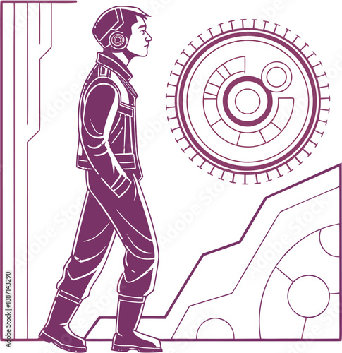 Man wearing futuristic virtual reality headset looking at digital interface vector illustration