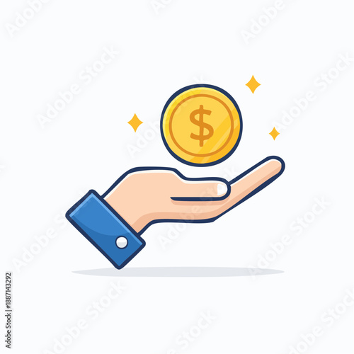 Stylized illustration of an open hand presenting a radiant gold coin, embodying notions of financial success, giving, receiving funds, investment opportunities, and economic stability
