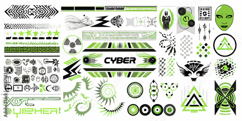 A vibrant collection of futuristic neon green and black cybernetic design elements