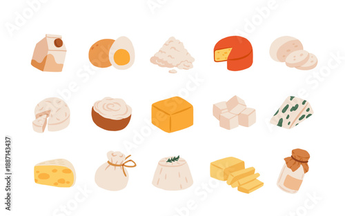 Flat vector dairy and cheese products set isolated on white background. Milk, butter, eggs, cream, yogurt, cottage cheese, parmesan, cheddar, blue cheese, cheese cubes, dairy food collection