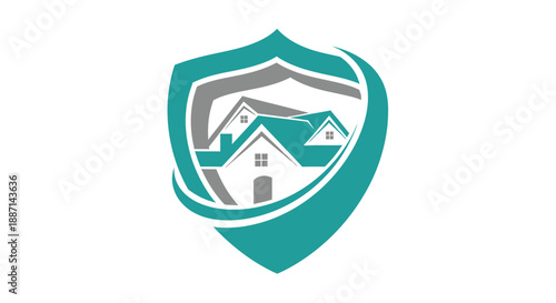Domestic Security Logo Depicting A Shield Surrounding Homes Reflecting Protection And Safety
