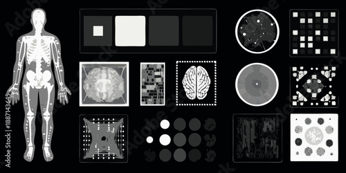 Human skeleton with various medical imaging scans and abstract pattern displays