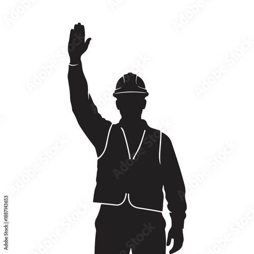 Construction worker waving hand in black silhouette with white highlights on white background for safety awareness