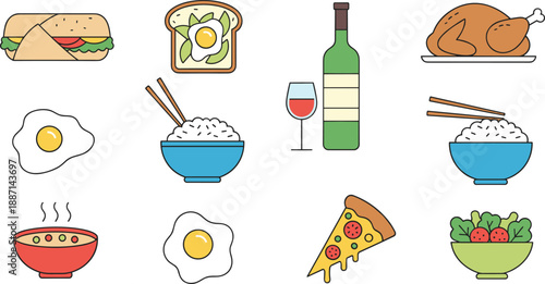 Hand-Drawn Food and Meal Icon Set Featuring Breakfast, Lunch and Dinner Dishes