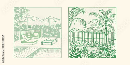 A serene poolside scene with palm trees and lounge chairs artfully illustrated