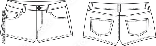 Classic denim shorts technical in white shown from front and back views with visible stitching and pocket details for fashion