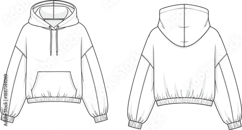 Detailed fashion flat of a white cropped oversized hoodie with a front kangaroo pocket and drawstring hood presented from front and back views