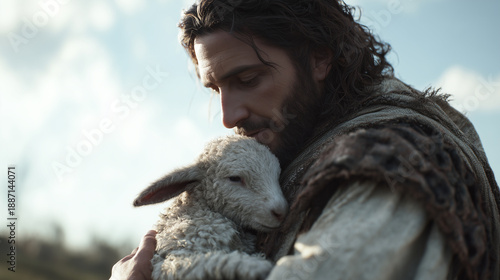 Shepherd holding lamb, Jesus the Good Shepherd and Noahs Ark compassion concept