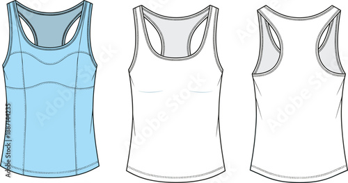 Detailed technical fashion flat of a light blue women's racerback tank showcasing front, back, and side views with precise stitching and bust darts
