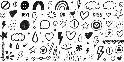 A playful collection of hand drawn doodles including hearts stars and speech bubbles