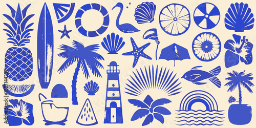 A collection of blue and white summer themed illustrations and beach elements