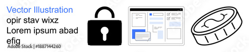 Online security, financial technology, web design, user interface, encryption, cyber economy. Includes padlock, coin image and web page layout. Online security and fintech concepts